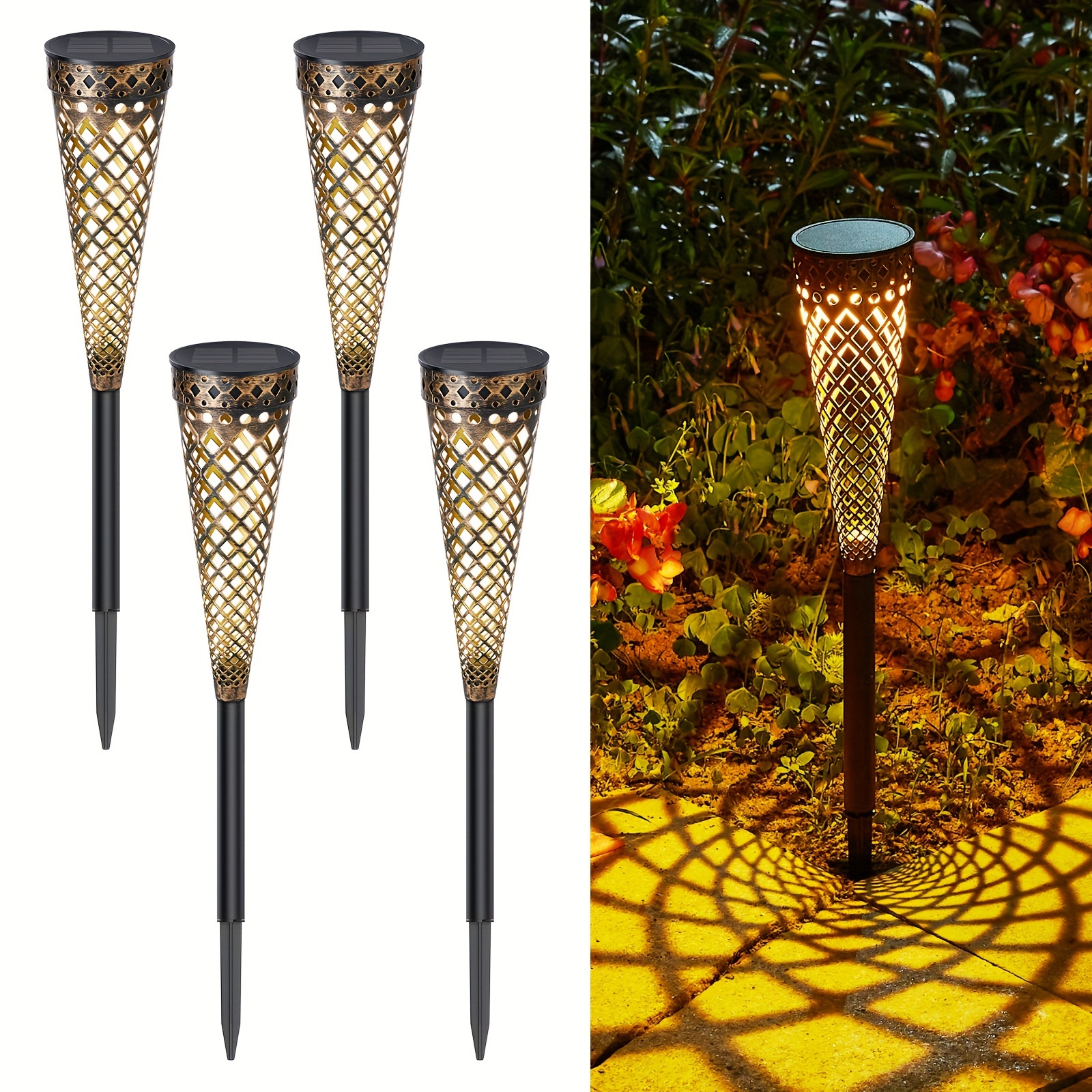 E-shop 4er-Pack Metall-Solar-Gartenleuchten, Solar Gartenlichter mit Warmweißer/Weißer LED, Außendekoration für Terrasse und Wege