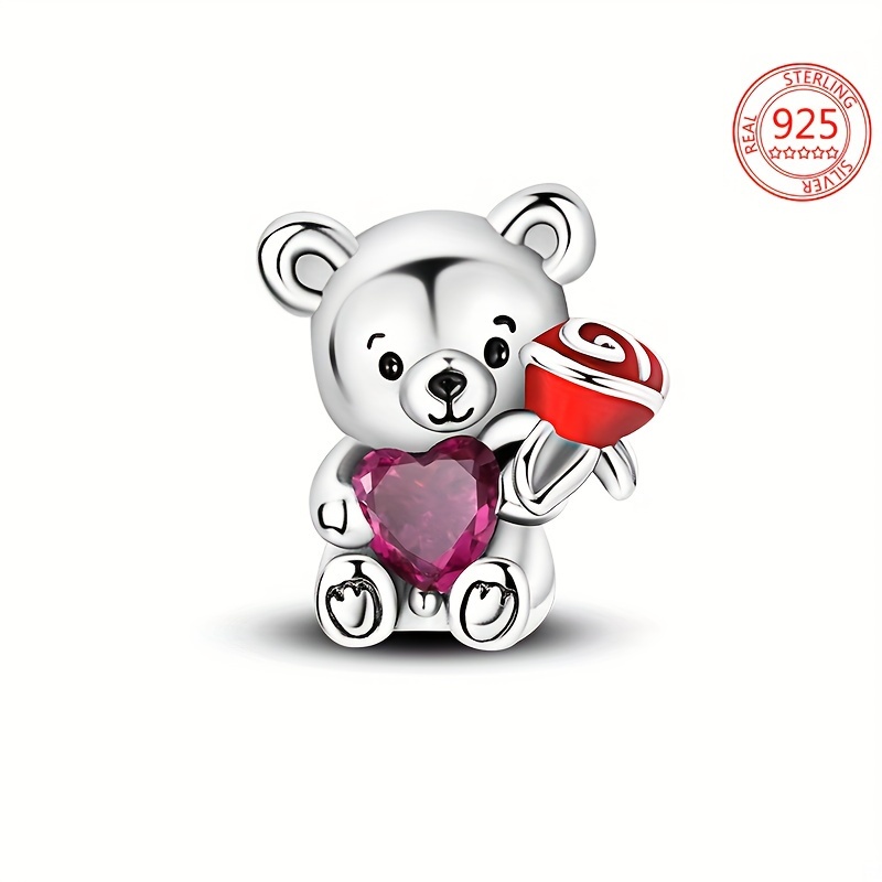 

925 Sterling Silver Silver Adorable Bear Embrace Heart & Rose Charm Bead Fit For Original Bracelets Diy Jewelry Making Ideal Gift For Girls On Valentines Day Anniversary Wedding