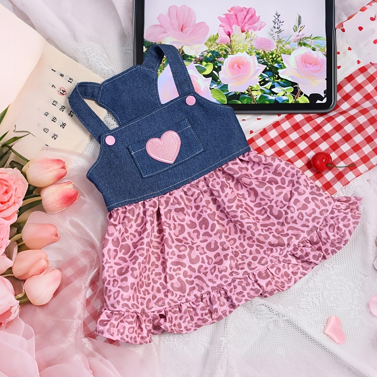TEMU 1pc Heart Print Blue Fabric Pink Leopard Button Design Camisole Dress Suitable For Pet Cats And Dogs To Wear Indoors And Outdoors On Valentine's