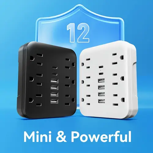 12 in 1 power strip with 6 ac outlets 4 usb 2 type c fast charging ports compact portable power hub short circuit protection space saving design for home office charging hub modern tech accessory versatile charging hub