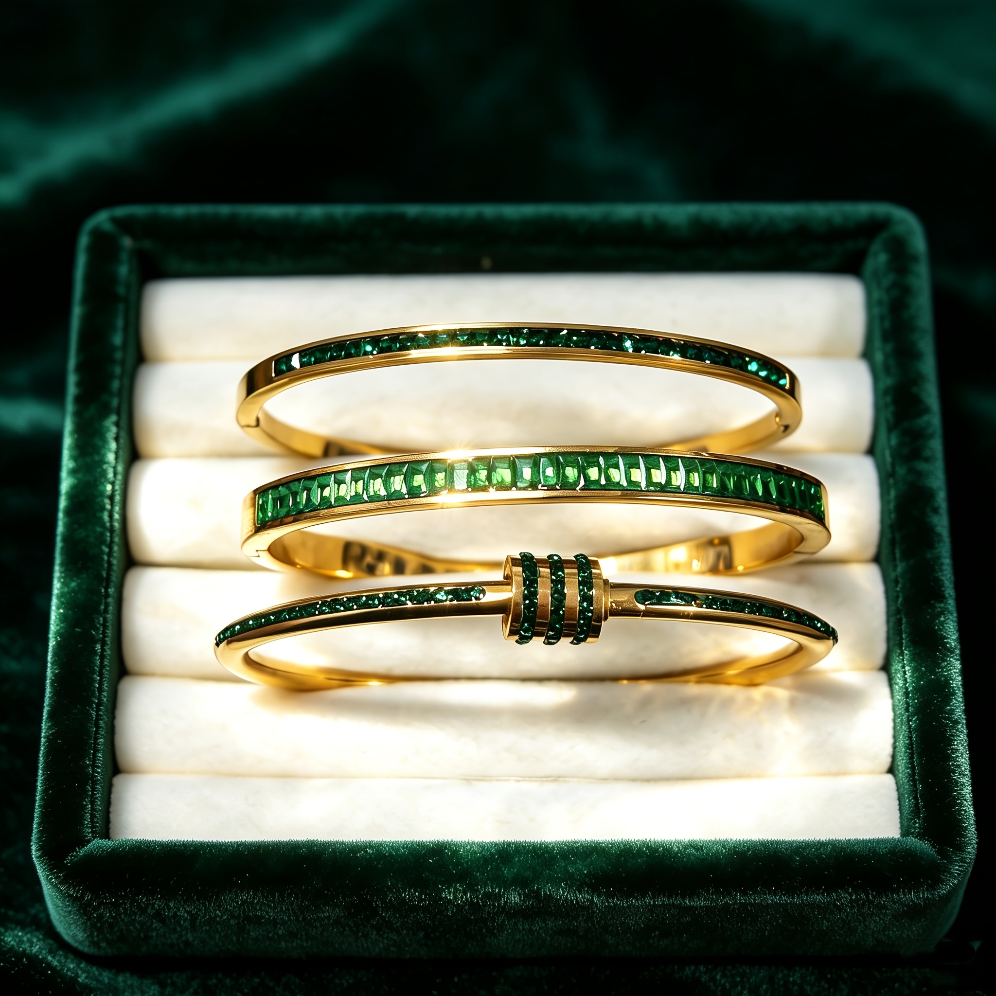 TEMU Exquisite Green Rhinestone-inlaid 18k Gold-plated Women's Bracelet 3pcs Set, Light Luxury Sparkling Clasp Bangle, Elegant -looking Hand Jewelry,
