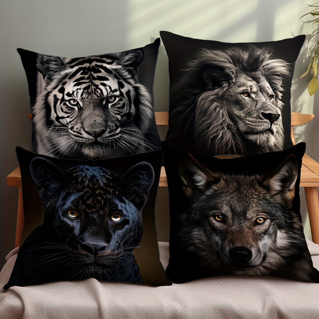 

4-pack Asian Style Animal Print Throw Pillow Covers, Polyester Decorative Cushion Cases With Zipper, Machine Washable, Tiger, Lion, Leopard, Wolf Design For Sofa, Bedroom, Car - No Insert