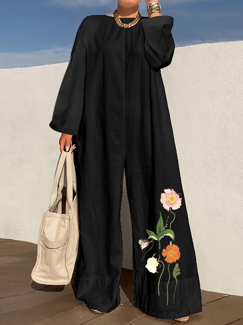 womens floral print round neck long sleeved wide leg jumpsuit fashionable loose casual wide leg pants jumpsuit