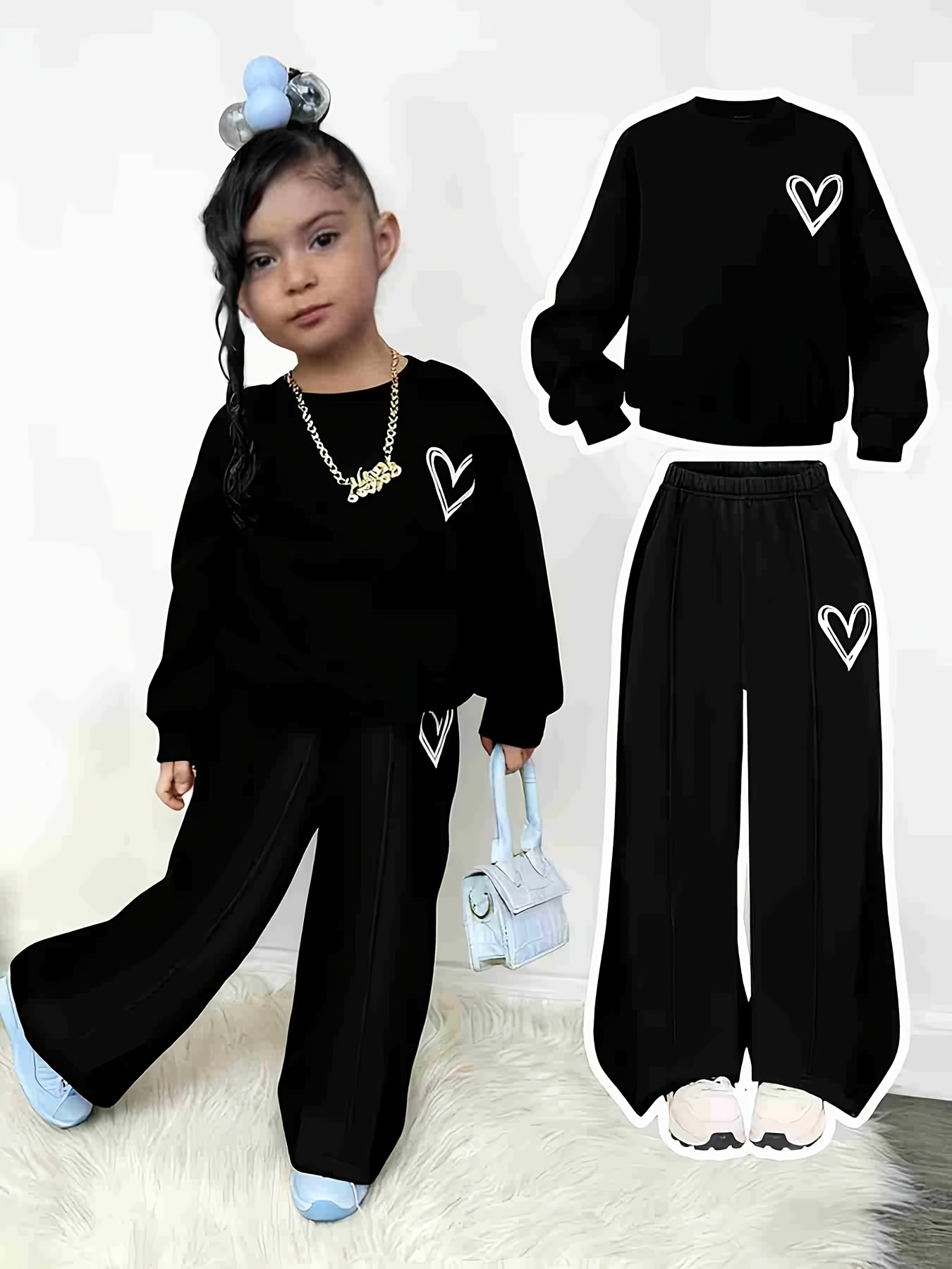 girls spring autumn heart print lined sweatshirt printed pants two piece set suitable for outdoor wear in fall and winter comfortable fabric ideal gift for children   outdoor