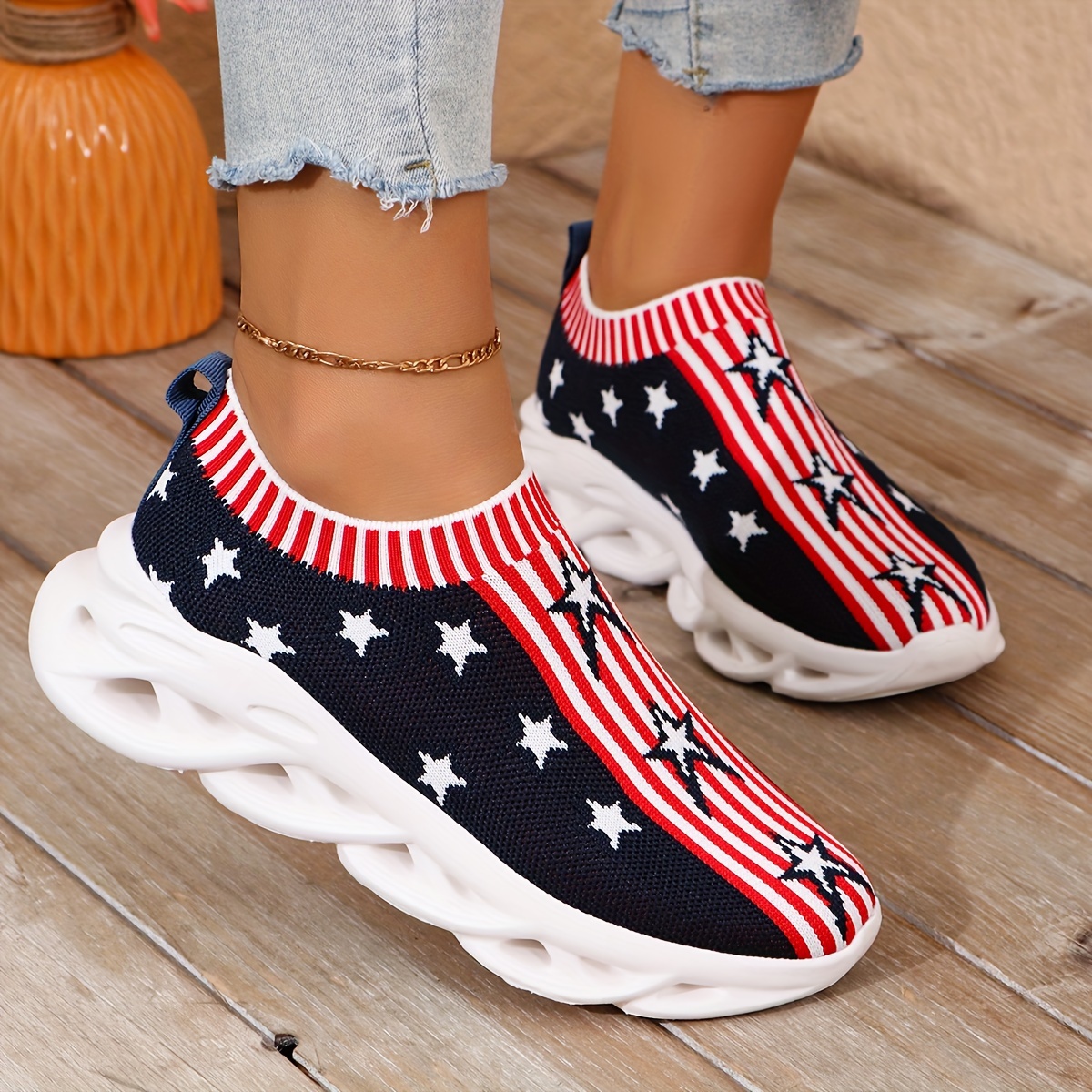 

Women's Slip-on Casual Shoes, Star & Stripe Breathable Mesh Sneakers, Comfortable Walking Shoes For Daily Wear, Independence Day