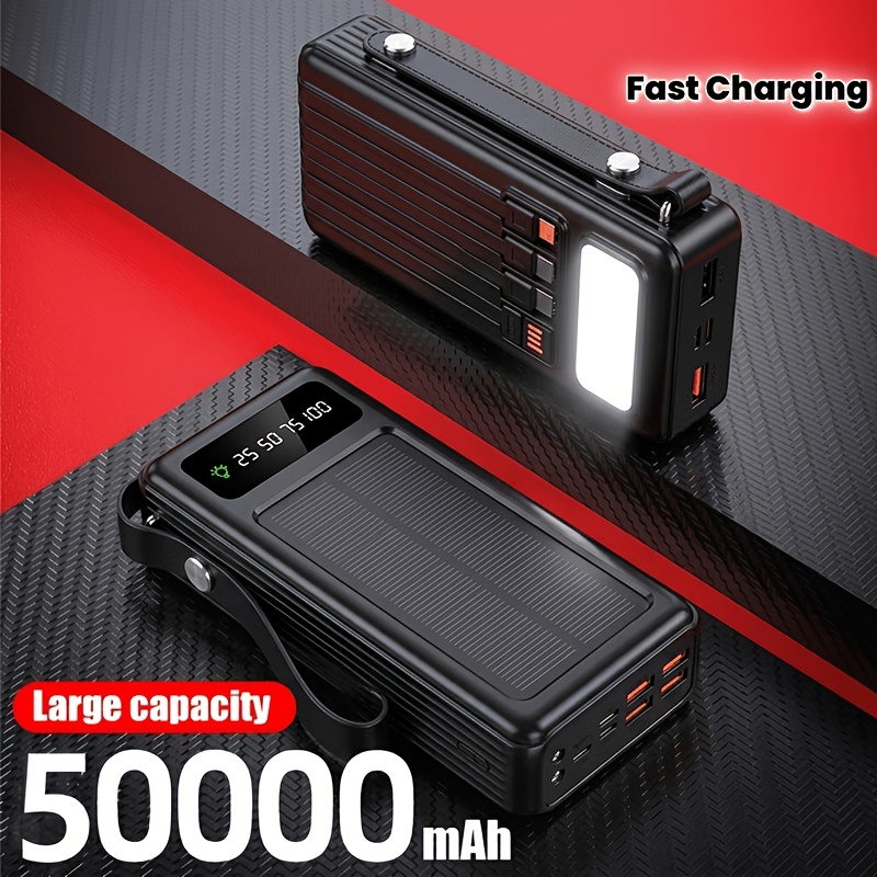 TEMU 50000mah Large Capacity Power Bank, Display, Comes With 4 Charging Cables, Supports Solar Charging, With 30 Led Outdoor Camping Lighting/power