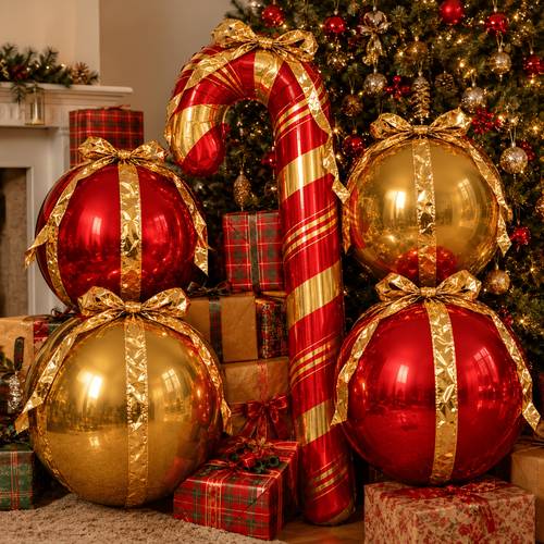 imagen del artículo 12 piezas de bastones de caramelo navideños extragrandes a rayas doradas y con globos de lámina dorados y rojos, adecuados para decoraciones de fiestas de navidad, ambientación navideña, decoración de fiestas temáticas de navidad, navideñas, decoración de fiestas de invierno