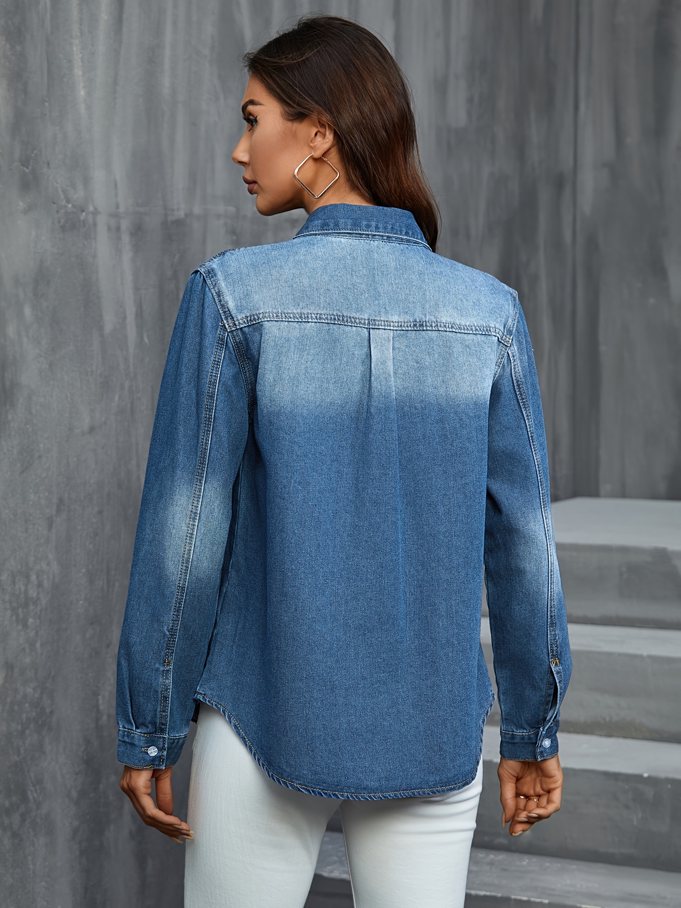 flap pocket long sleeve button up denim shirts lapel washed blue elegant denim top womens denim jeans clothing details 4