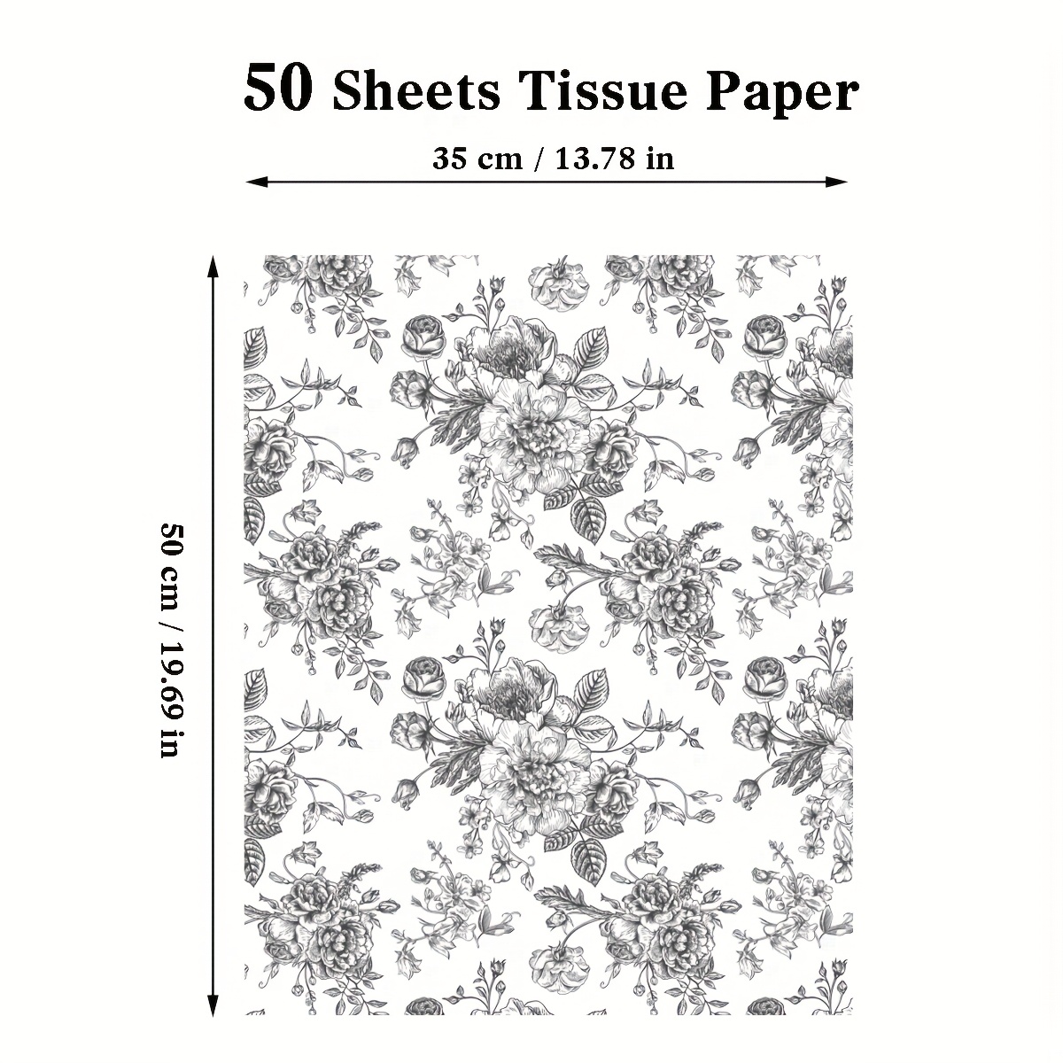 TEMU 50 feuilles de papier de soie floral noir mesurant 14 par 20 pouces, avec des de chinoiserie, parfait pour cadeau de style vintage, les loisirs