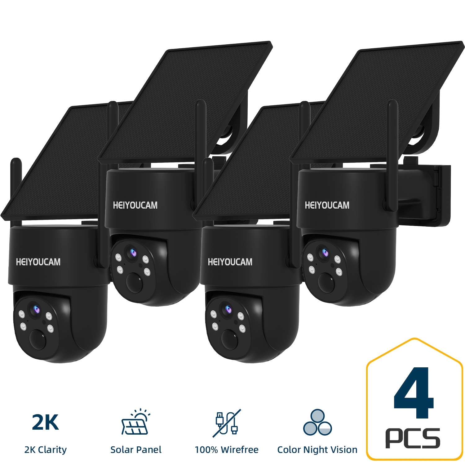 TEMU 4pcs Heiyoucam Solar Security Cameras Wireless Outdoor, Ptz Wifi 4mp Indoor Security Camera For Home Outdoor With Spotlight, Pir Sensor, Siren,