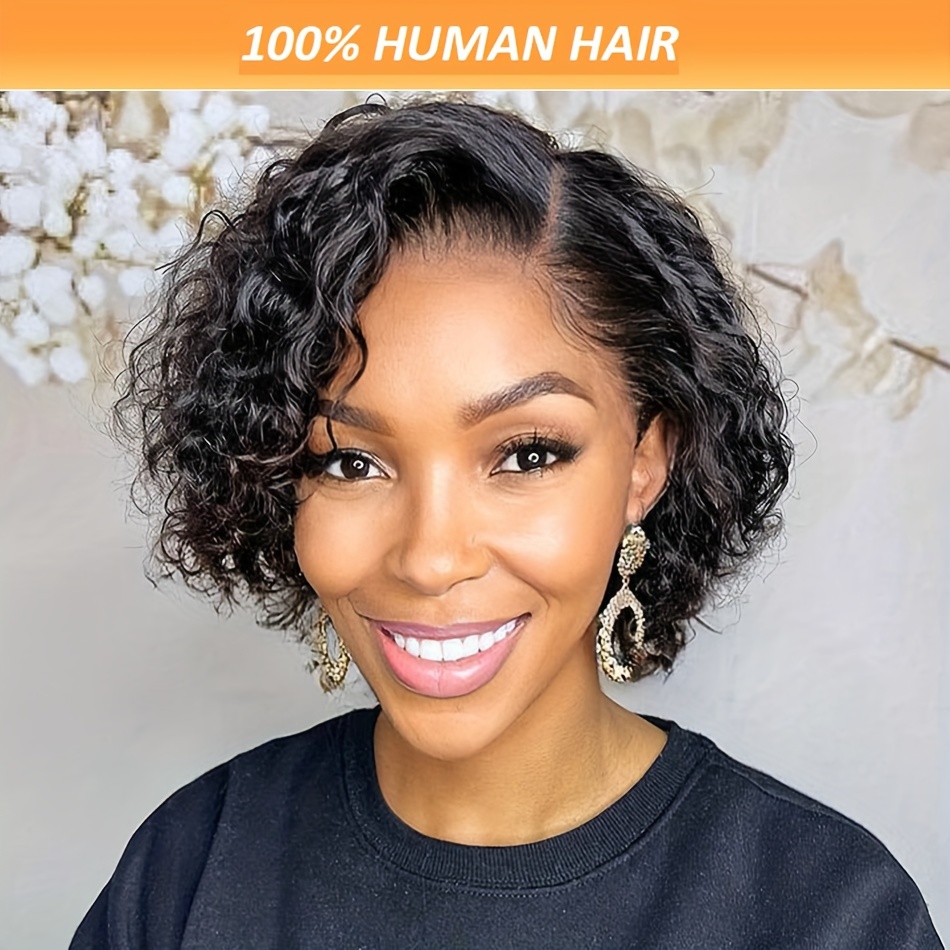 

13x4 Short Curly Wave Pixie Cut Wig For Women - Black, 180% Density Human Hair With Transparent Lace Front, Basic Women's Wig, 6 Inch, Suitable For African Hair Style