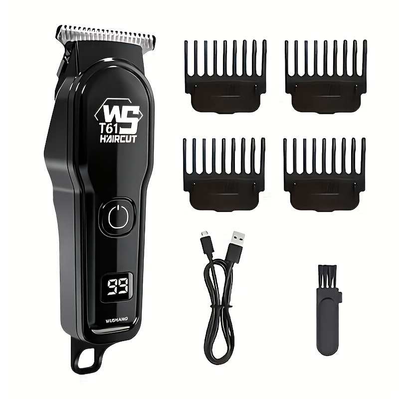 TEMU Tondeuse à cheveux multi-styles avec lames en T, affichage numérique, faible bruit et chargement USB . Inclut 4 peignes de coupe, 1 brosse et 1