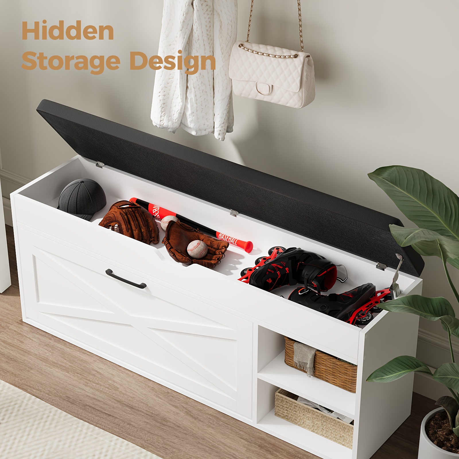 47 freestanding shoe storage bench with hidden compartment open shelves soft   leather seat white   saving design for entryway hallway or living room shoe rack 3