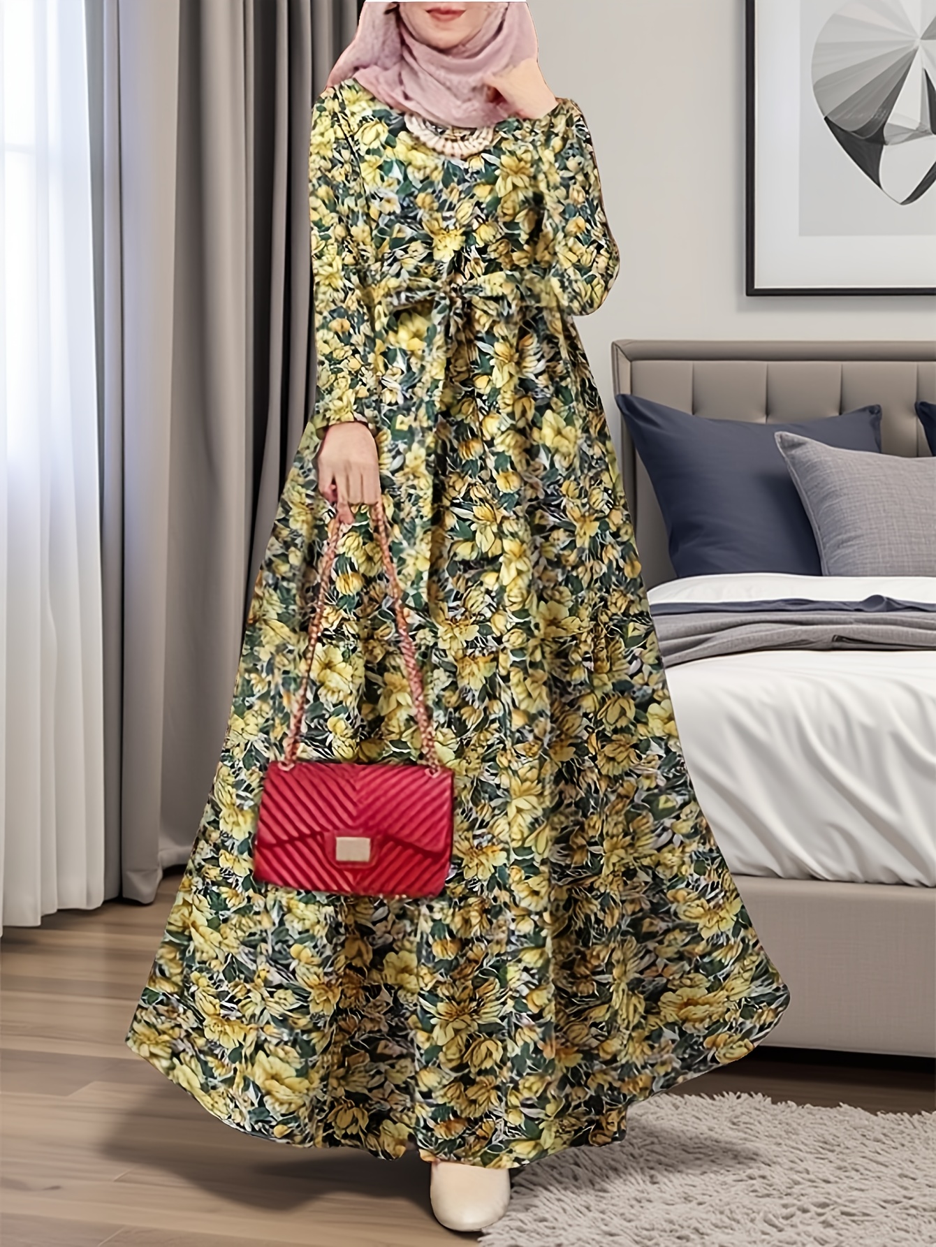 chinese dress ladies Printed Muslim Women Satin Abaya Dress – Urgarment main image 0