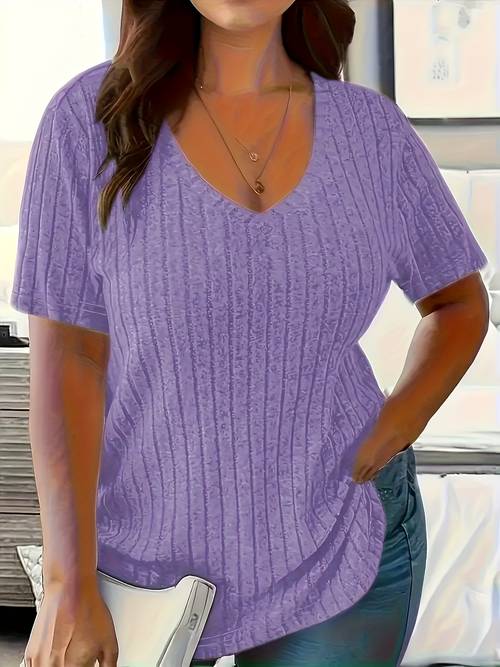 plus size plus size elegant v neck womens plus size ribbed short sleeve t shirt high stretch fabric solid color suitable for spring summer fall
