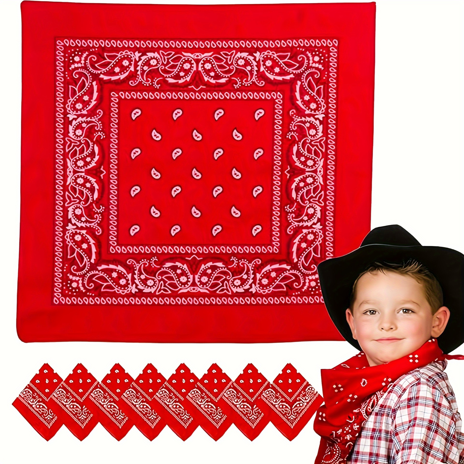 

12pcs Classic Red Paisley Bandanas - Soft Polyester, Perfect For Cowboy & Western Themed Parties, Summer Concerts & More