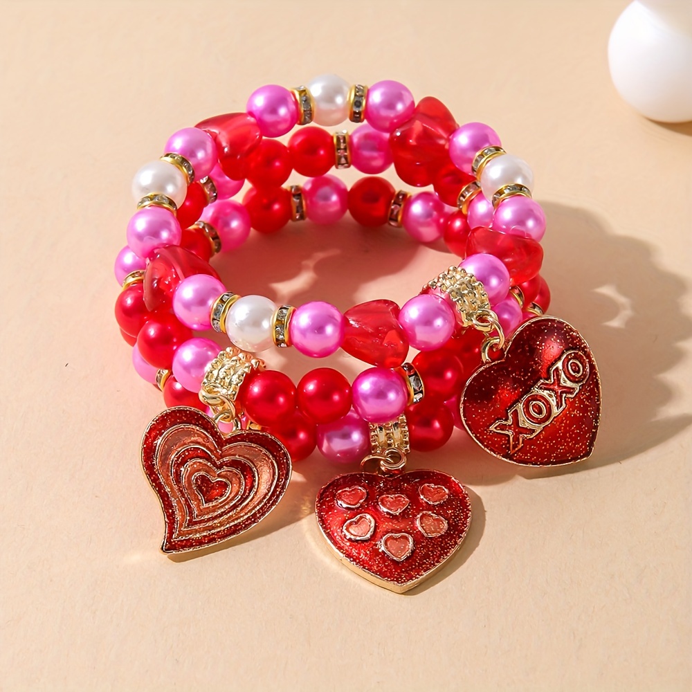 

3pcs Valentine's Day Pink -shaped Pendant Multi-layered Bracelet Set Elegant Women's Party Dance Wear Bracelet For Girlfriend Valentine's Day Gift