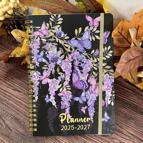 floral print monthly planner calendar 2025 2027 blue purple with golden accents spiral bound with elastic closure 36 month organizer for daily planning gift artistic cover elastic secure closure