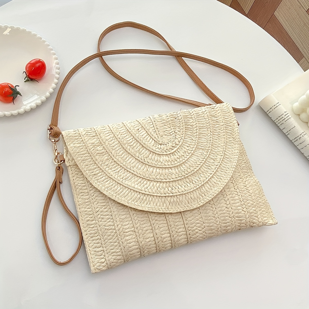 TEMU Grass Woven Bag, Women's Fashionable Envelope, Hand-held Bag, Woven Women', Casual Shoulder Bag, Crossbody Bag
