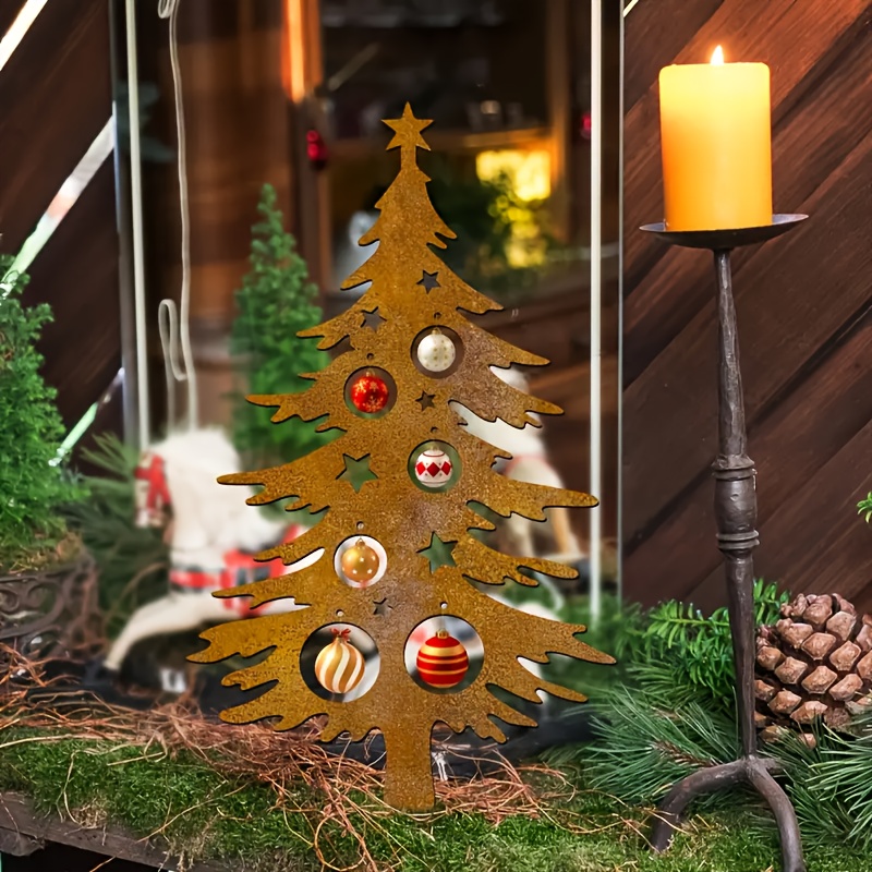 TEMU 【2d Flat】 1pc Vintage Rusty Metal Christmas Tree Garden Stand - Weatherproof Outdoor Holiday Decor With Stars And Ornaments Design, Perfect For