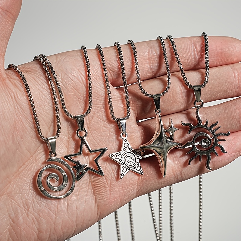 Image of 5pcs Metal Punk Necklace Set, Vortex Pendant, Star Pendant, Awn Star Pendant, Sun Pendant, Pendant Necklace, Suitable For Women' Wear, Holiday Gifts, Valentine's Day Gifts, Gifts For