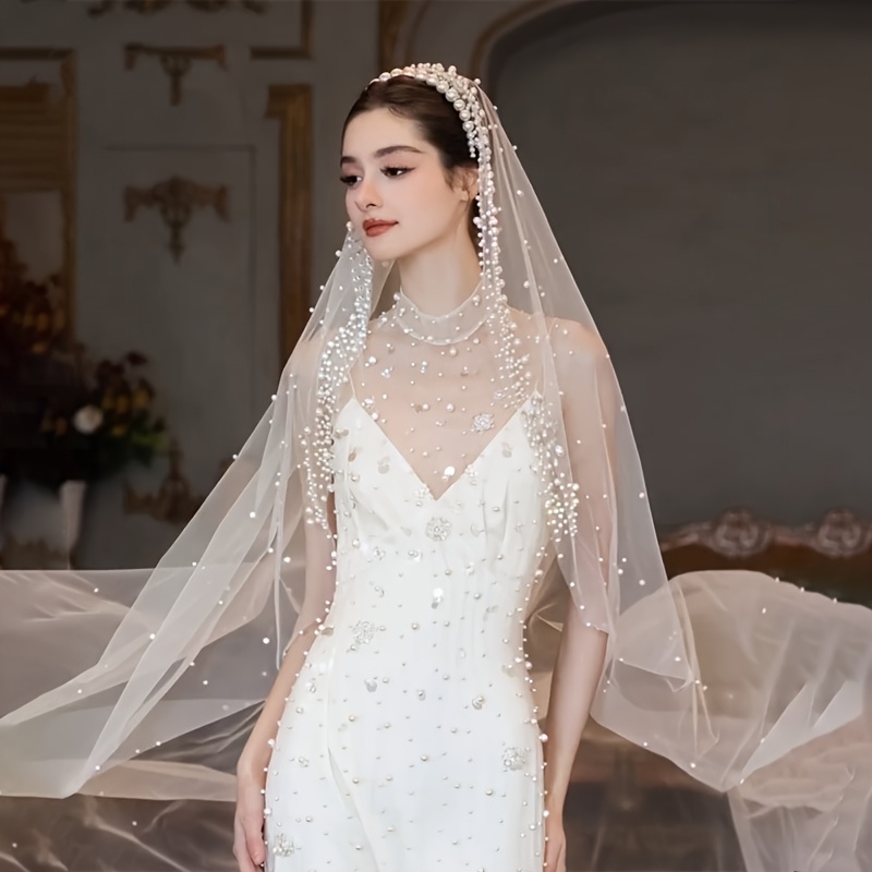 1 шт. свадебная вуаль в стиле с бисерной отделкой и длинным шлейфом, аксессуар для свадьбы из полиэстеровой пряжи, ручная стирка, только для свадеб, помолвок и фотосессий, детали 0