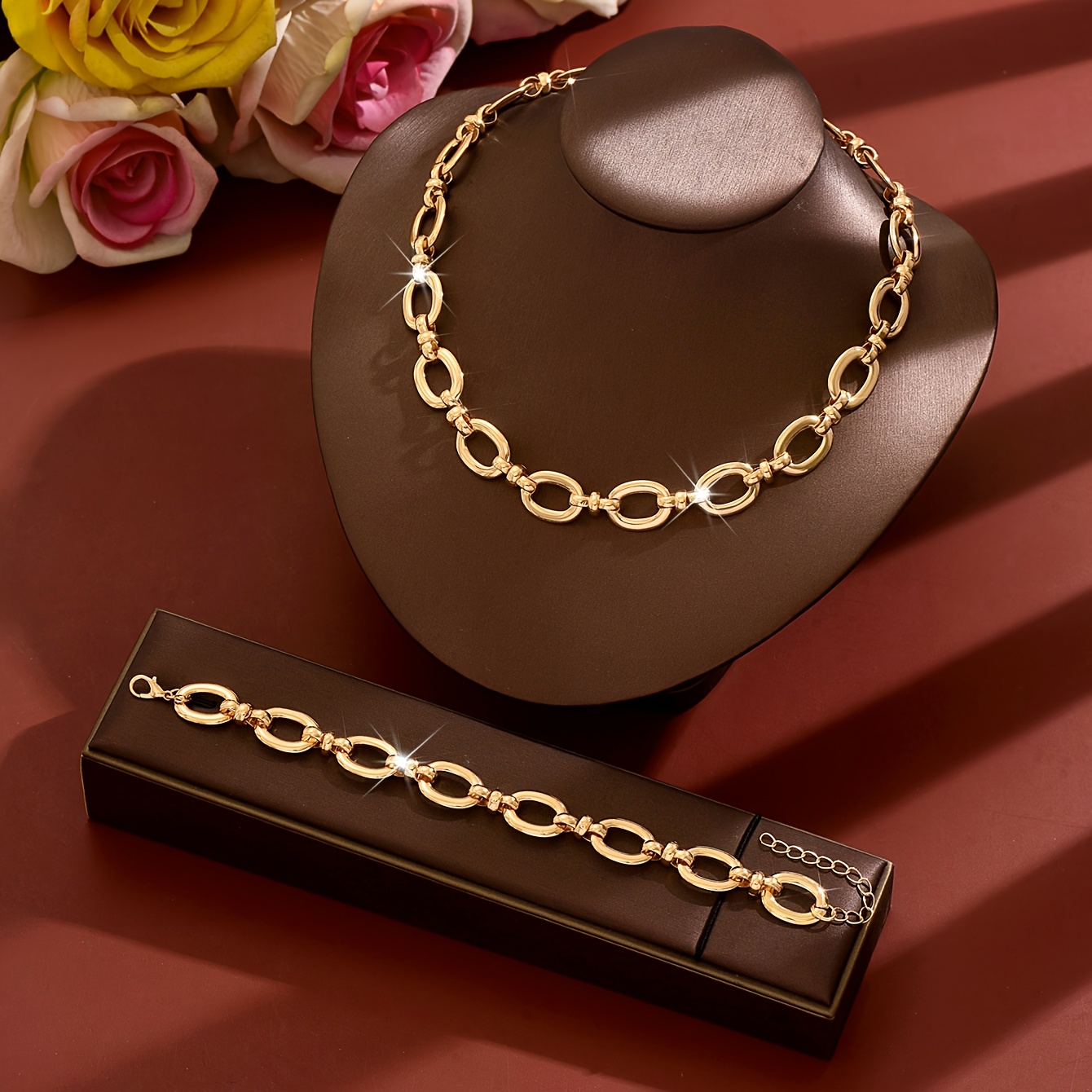 2pcs Large Oval Flat Ring & Thick Chain Necklace Bracelet Jewelry Set