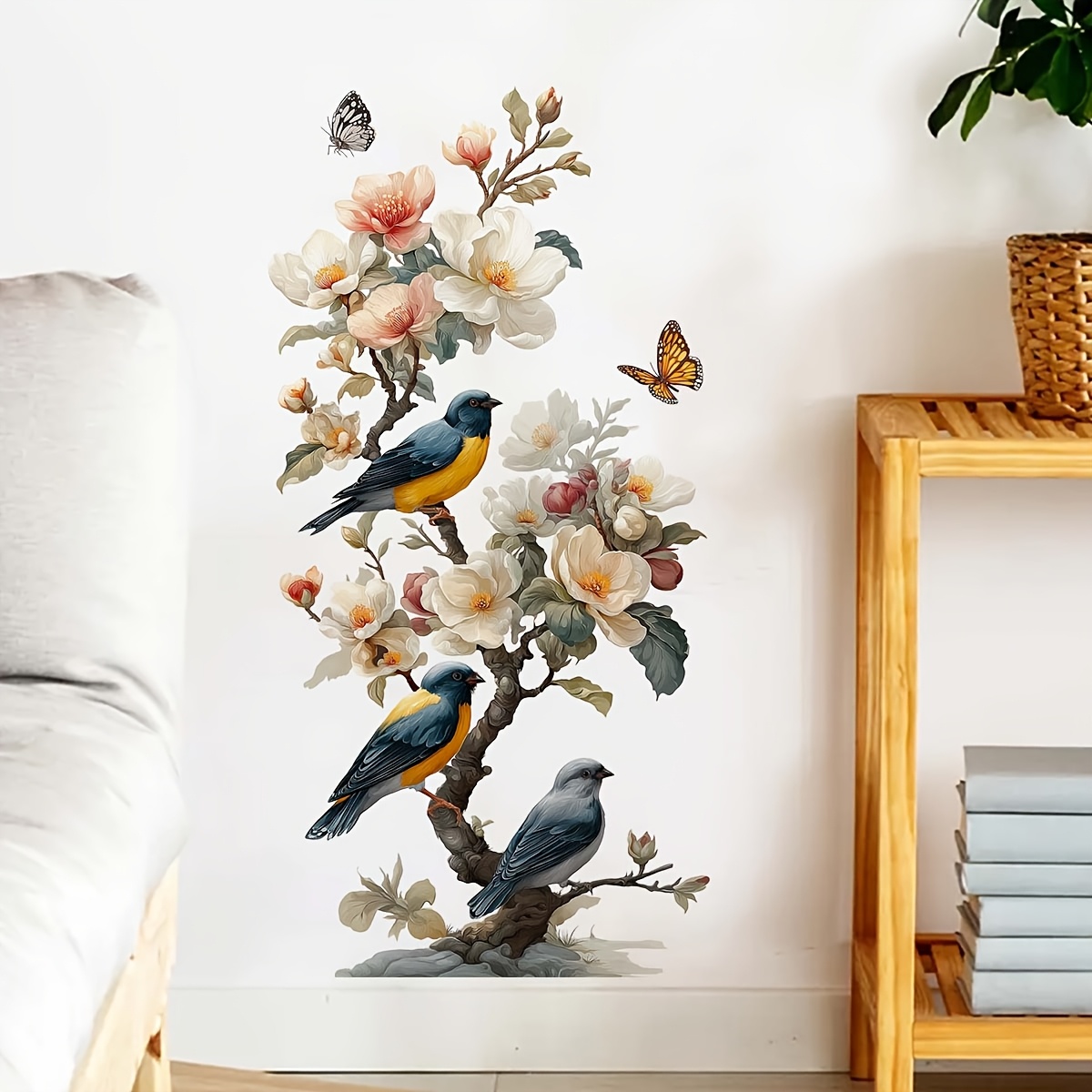 Image of Vintage Style Flower, Bird, And Wall Sticker, Home Wall Decor Decal, Artistic Style Decal, Self-adhesive And Easy To Remove, Atmosphere Arrangement Item