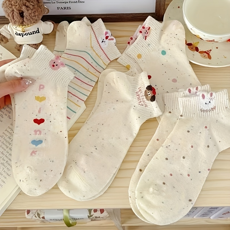 TEMU 5 Pairs Women's Comfortable All-match Cute Cartoon Rabbit Striped Ankle Socks, New Japanese Cartoon Heart Rabbit Dot Tulle Short Socks, Cute