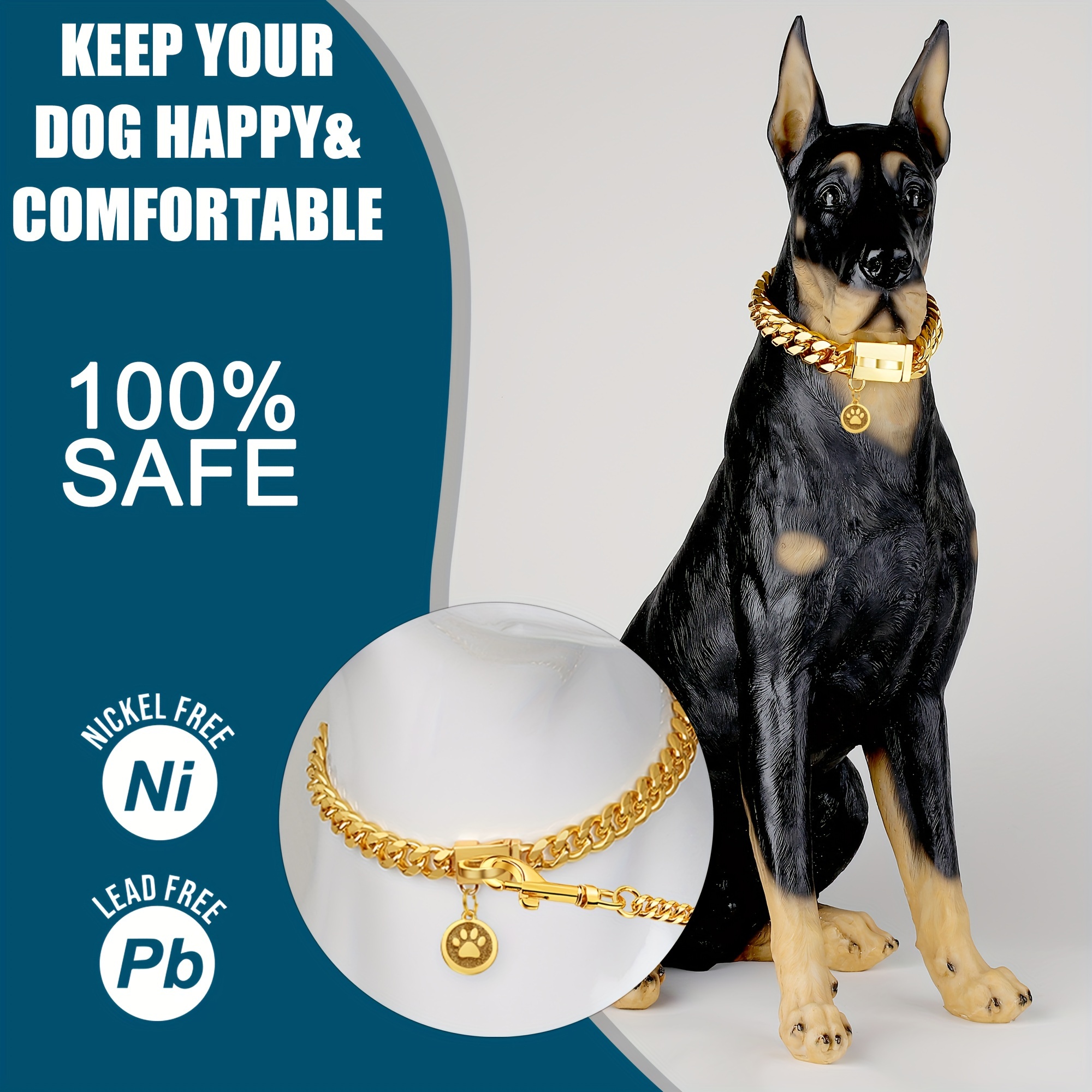 

Chain Dog Collar 14mm Golden Cuban Link Dog Collar With Snap Buckle 18k Gold Plated Stainless Steel Metal Puppy Collars.