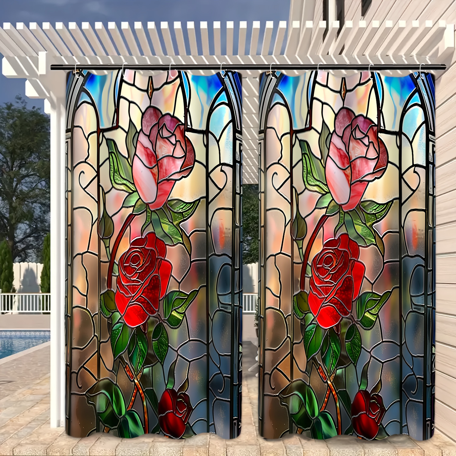 

Stunning Stained Glass Rose Outdoor Curtain - 71in/180cm, Waterproof, Classic Style, Suitable For Patio, Garden, Corridor, And Balcony