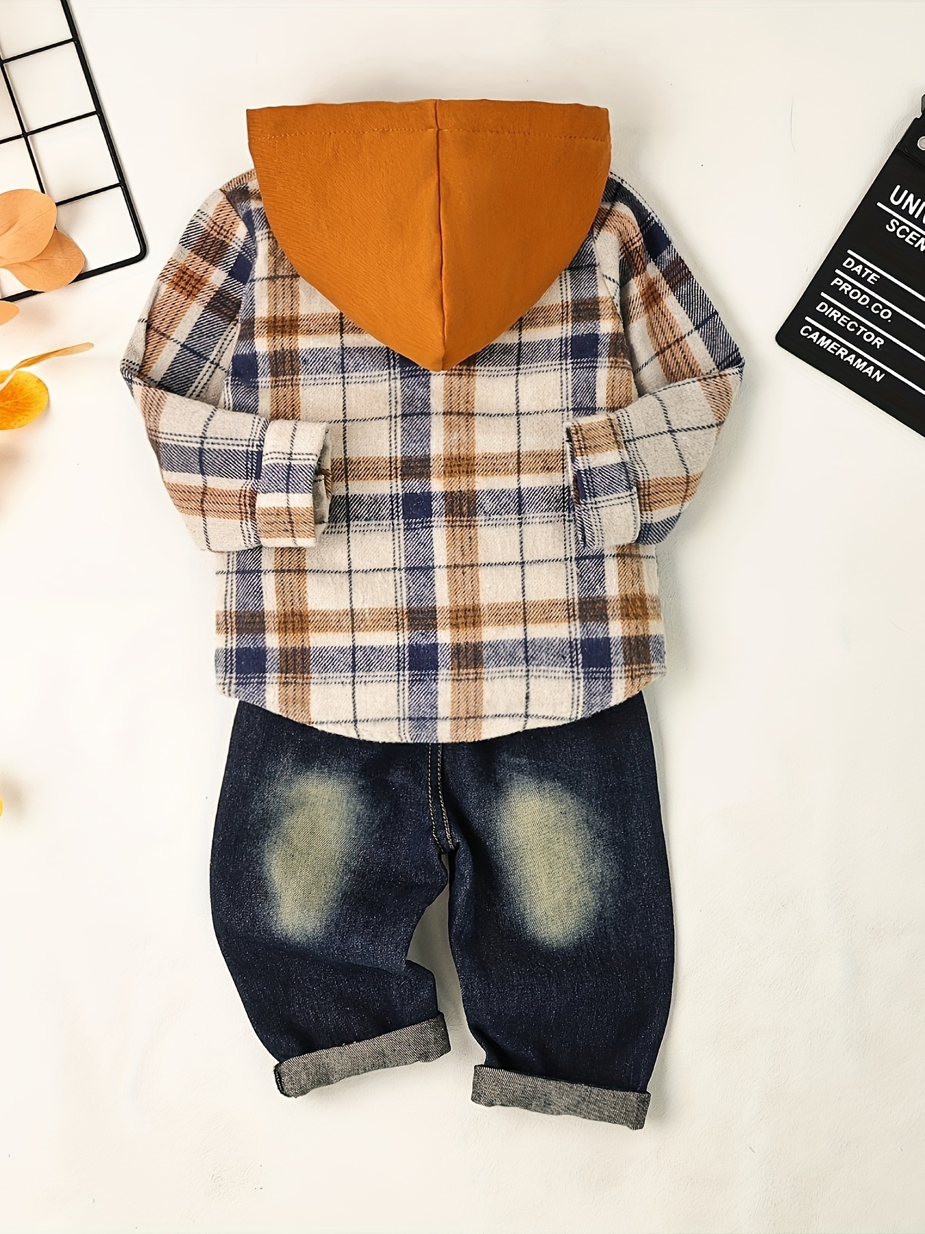 Boy Clothes Toddler Boy Fall Outfits Winter Long Sleeve Plaid Hooded Sweatshirt Pocket Ripped Holes Jeans Clothing Set Dark Khaki 12Months-5T, for Outdoor - Image 5
