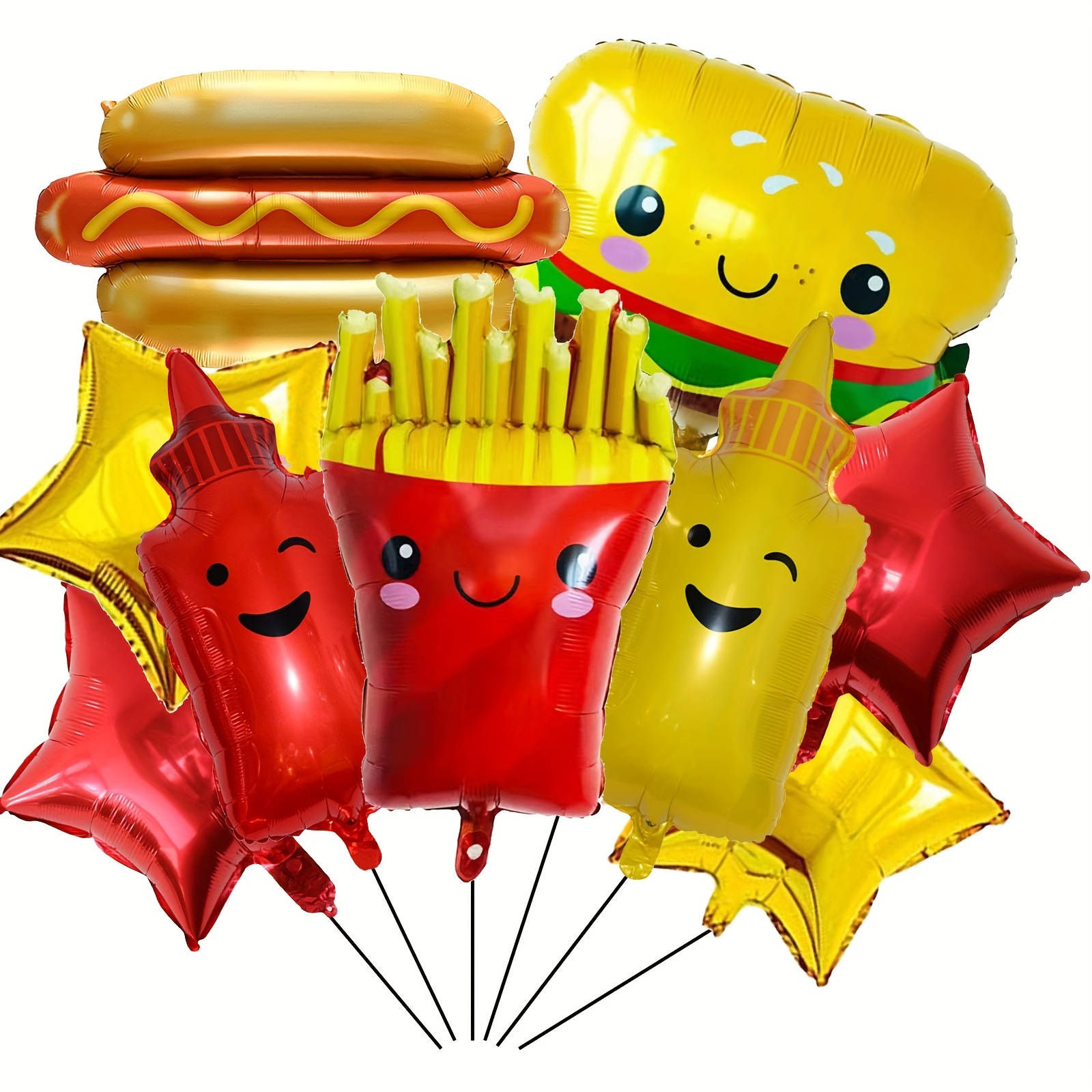 

9-piece Food-themed Foil Balloons Set - Hamburger, Hot Dog, Ketchup & Mustard Bottles For Bbq Parties, Picnics & Birthdays - Vibrant Party Decorations