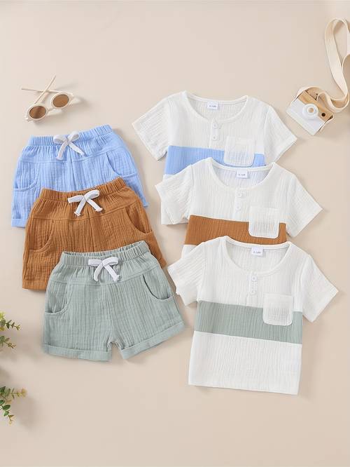 boys summer short sleeve solid color shorts set blue brown green 3pcs set outdoor