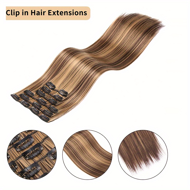 6pcs long straight highlighted hair extensions with clips chocolate brown blonde strands for all hair types   in for natural look versatile hair styling   extensions secure clip attachments details 2