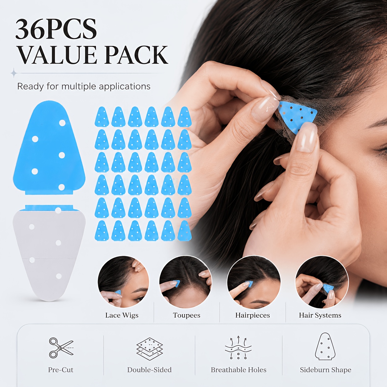 TEMU 36pcs Bandes Adhésives pour Perruques Barbes, Pré-Coupées Respirantes, Ruban Adhésif Bleu pour Perruques en Dentelle, Toupettes, Postiches &