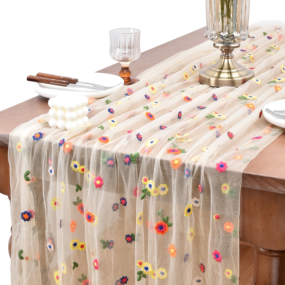 Embroidery Summer Table Runner Seasonal Easter Tulle Table Runner Dining Table Decoration For Home Party Indoor