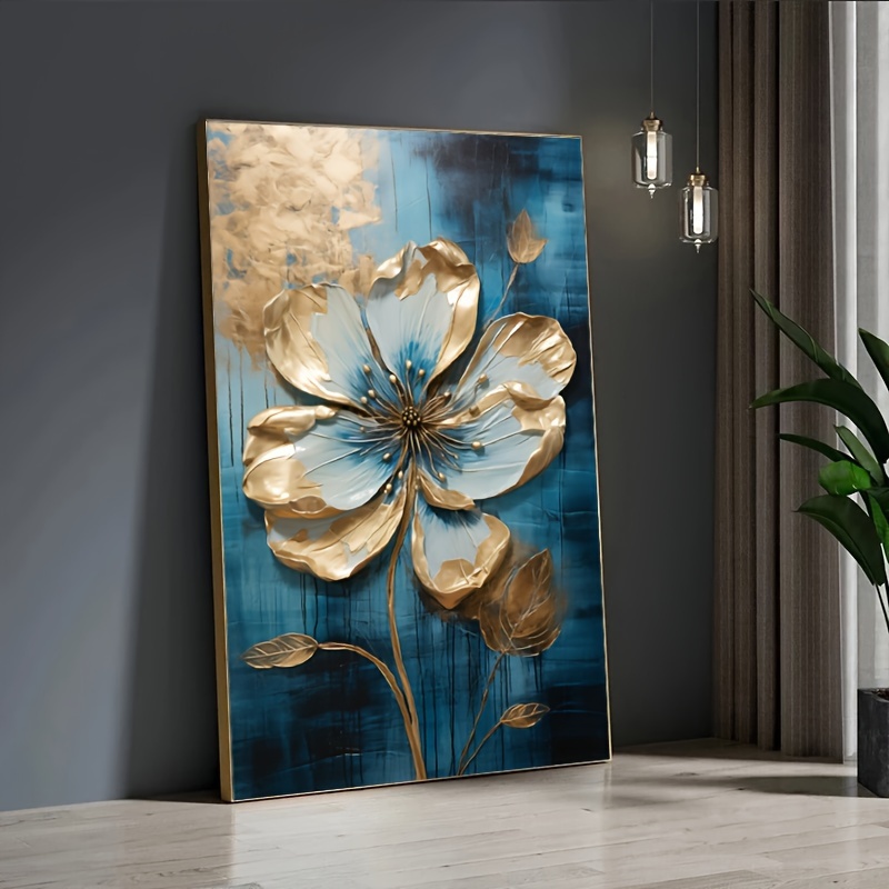 

Modern Vintage Floral Canvas Art Poster 31.49 X 47.24 Inches - Frameless Blue And Golden Flower Wall Art For Living Room, Indoor Portrait Orientation Canvas Print For Bedroom Decor