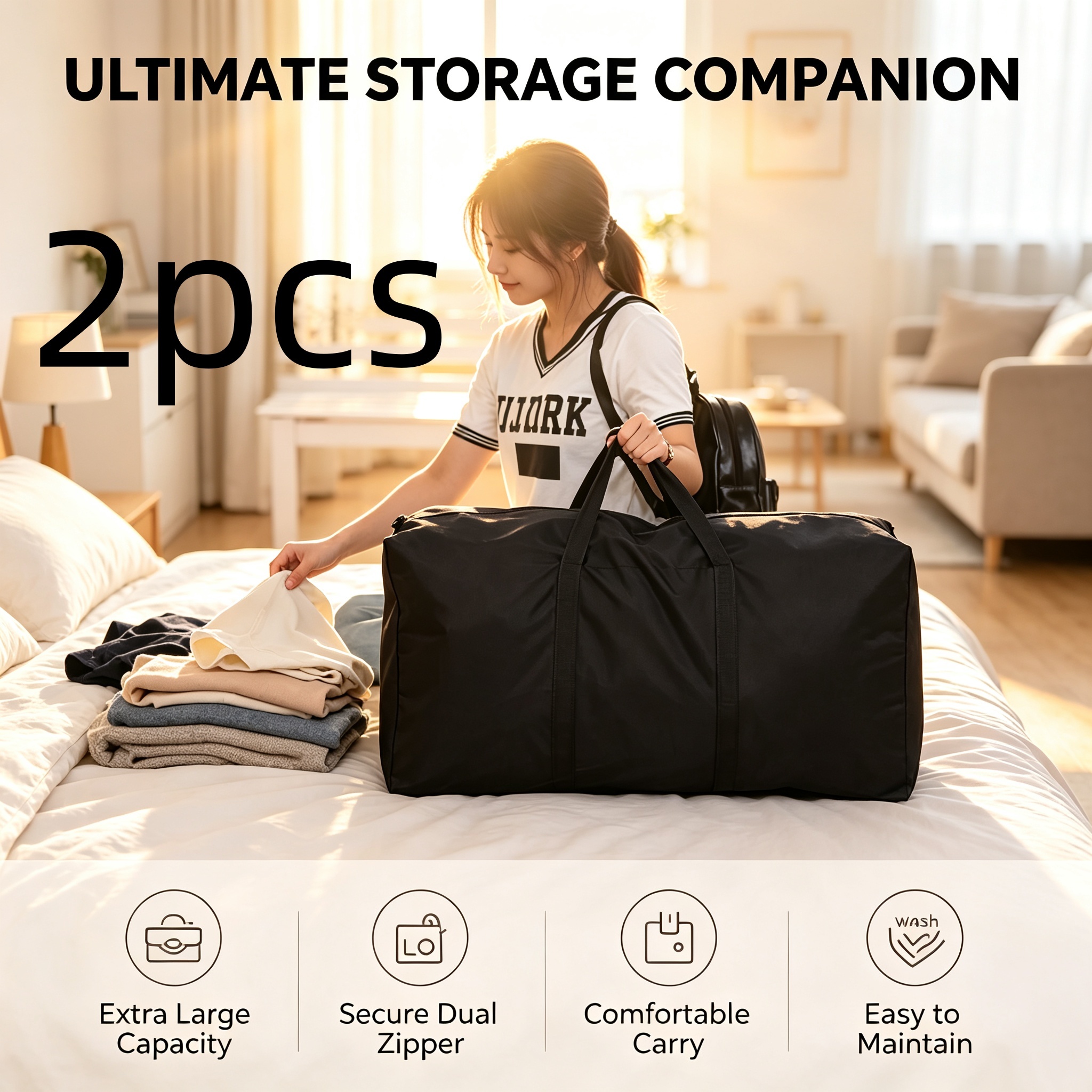 TEMU Storage Bag, Suitable For Moving, Travel, And Dorms - Durable Travel Bag With Reinforced Double Zipper And Handle, Under-bed Storage Accessory,