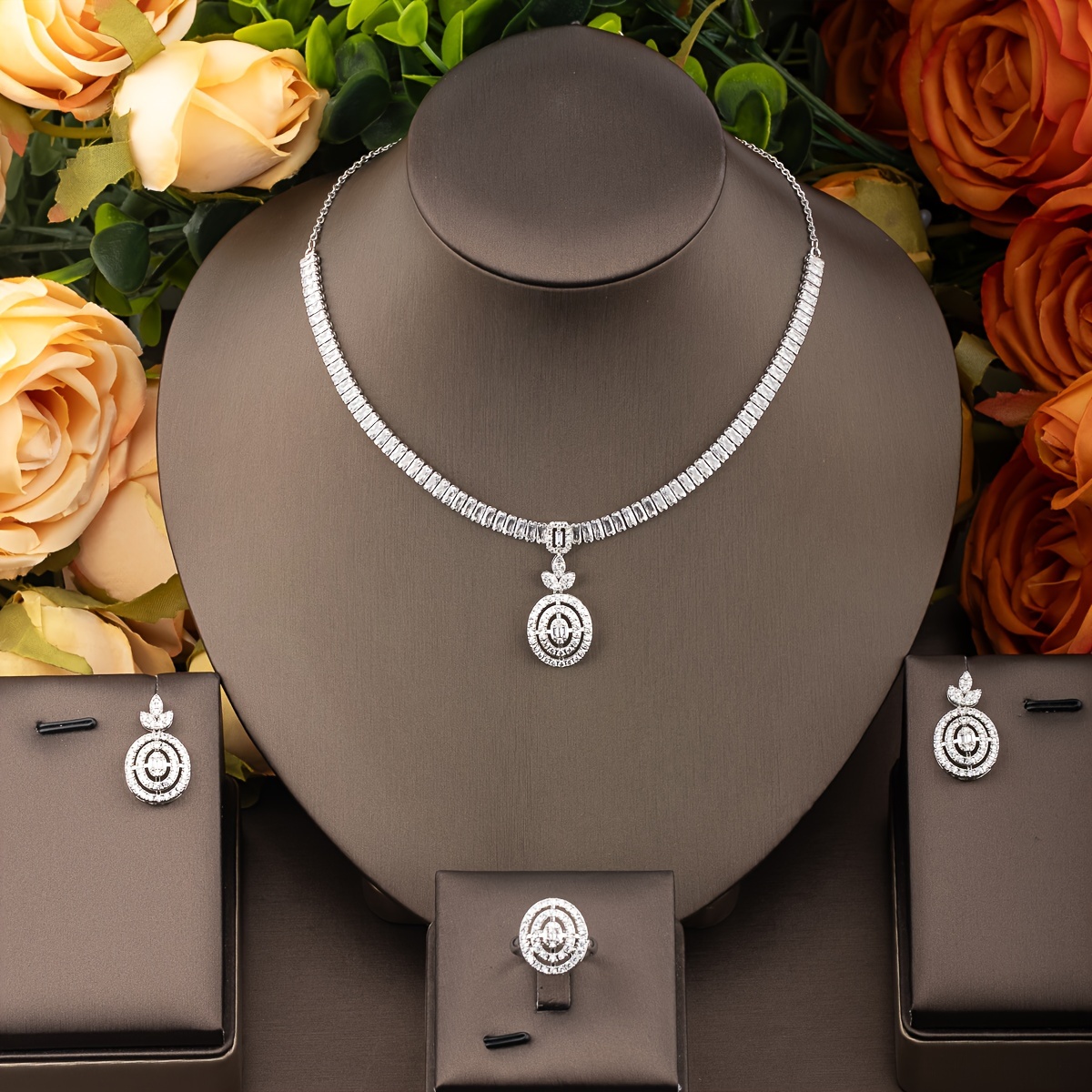TEMU 1pc Luxury 18k Golden Plated Copper Jewelry Set, Synthetic Cubic Zirconia, , Includes Necklace, Earrings, And Ring, For Women, Wedding And Banquet