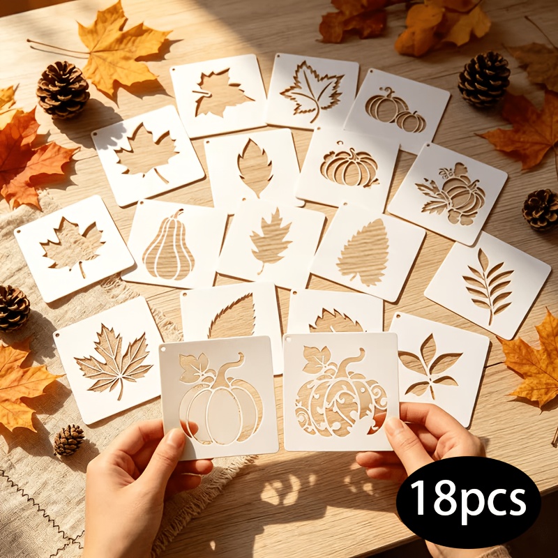 TEMU 18pcs Autumn Leaf And Pumpkin Stencils, Reusable Craft Painting Templates, Plastic Painting Templates For Fabric Canvas Wall Maple Leaf Pumpkin
