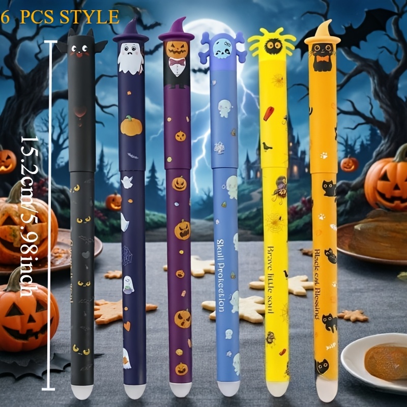 6pcs (black); Halloween Erasable Ballpoint Pen Set - Complete 6pcs Assortment Of Spooky Designs - Creative Writing Instruments For Office Supplies And Party Favors