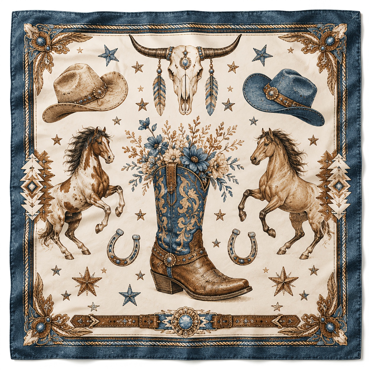 TEMU Vintage Western Cowboy Cow Skull & Horse Print Scarf - Cowgirl Hair Shawl, Neckerchief Suitable For Ladies, Machine Washable Bandana For Western