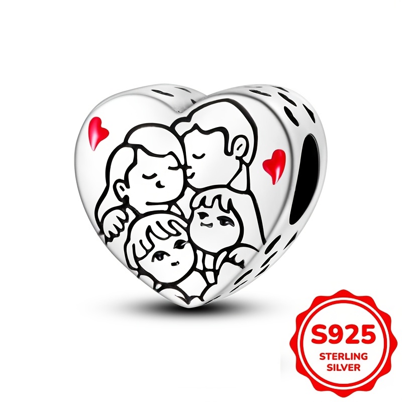 

925 Sterling Silver Heart-shaped Charm, 3g, Family Design, Fits 3mm Bracelets, Gift For Women, Ideal For Wedding & Party Accessories