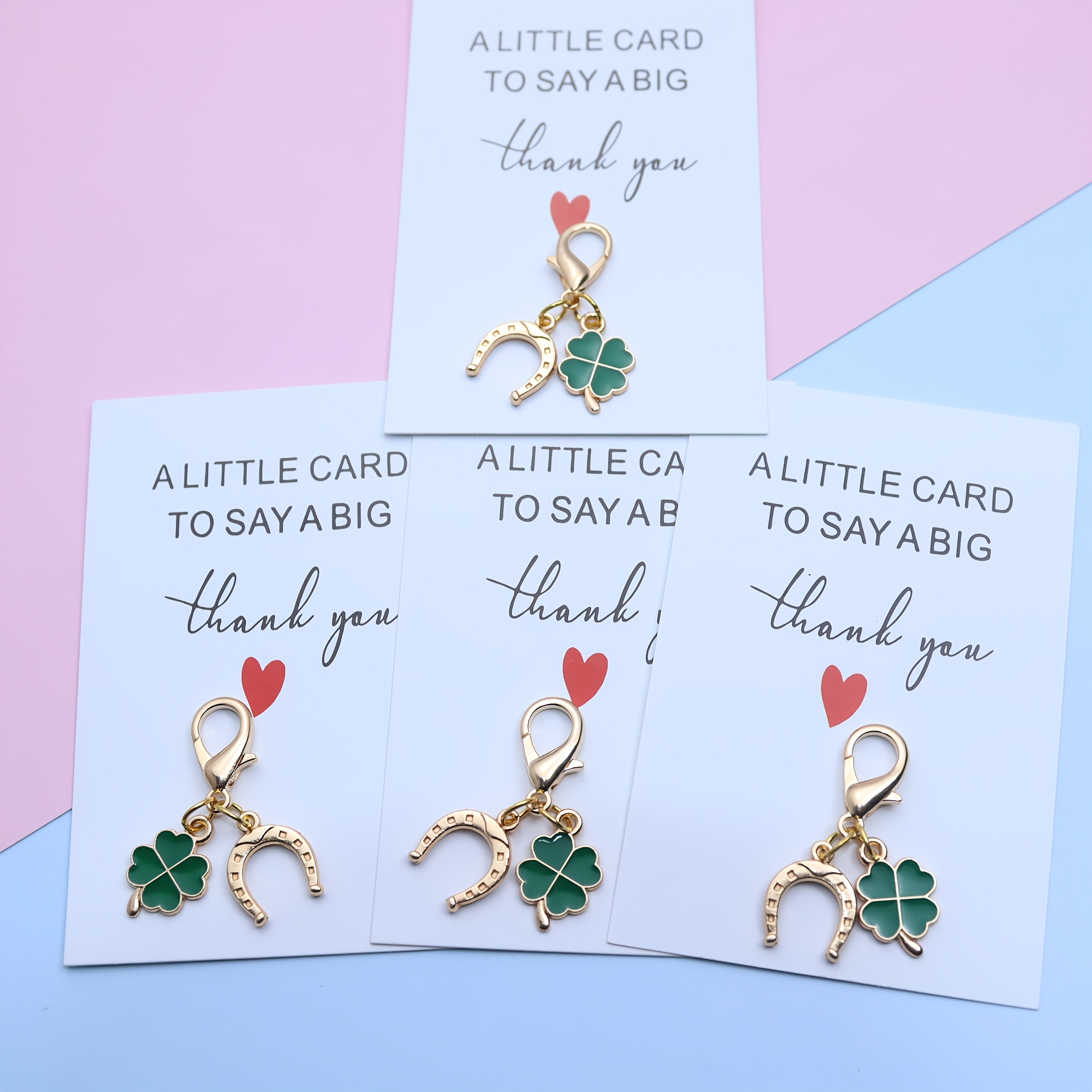 Image of Gift For Her/him 8/24pcs (4/12 Sets) German Clover & Horseshoe Keychain Set, With Heart-shaped Thank You Card, Irish Additions, Party Farewell Gift, Daily Gift, Clover Good Luck Halloween
