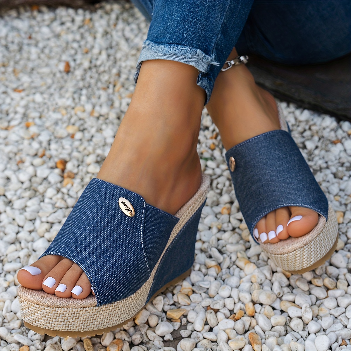 Women'S Black Open Toe Slip-On Wedge Sandals - Thick Rubber Sole, Synthetic Cover Upper, Comfortable Fabric Inner Lining, Casual Summer Footwear for Casual Attire, Strappy Sandal