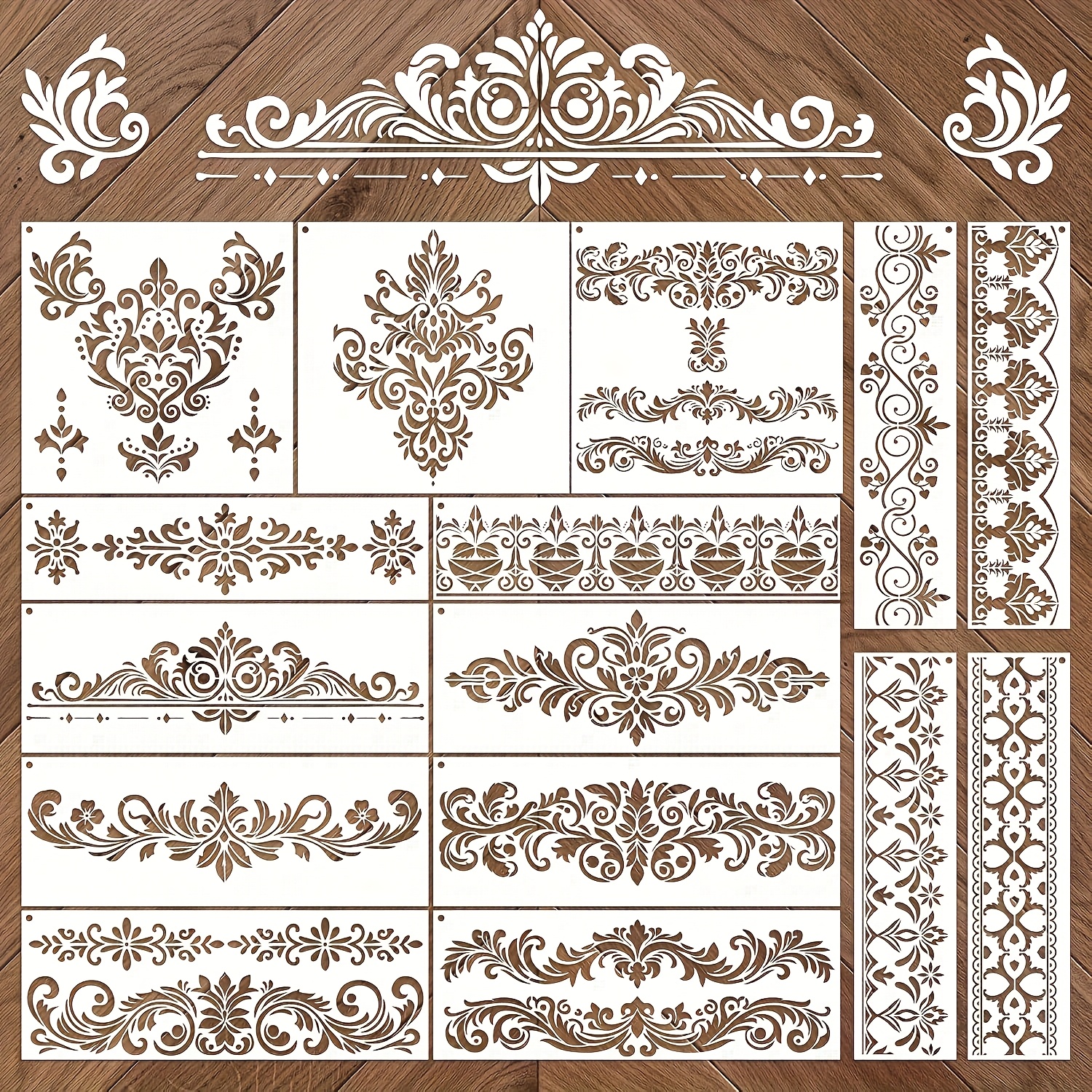 TEMU This 15pcs Reusable Damascus Border Template Set Includes Vintage Floral Stencils Suitable For Wood, Canvas, Furniture, Walls, Scrapbooking, And