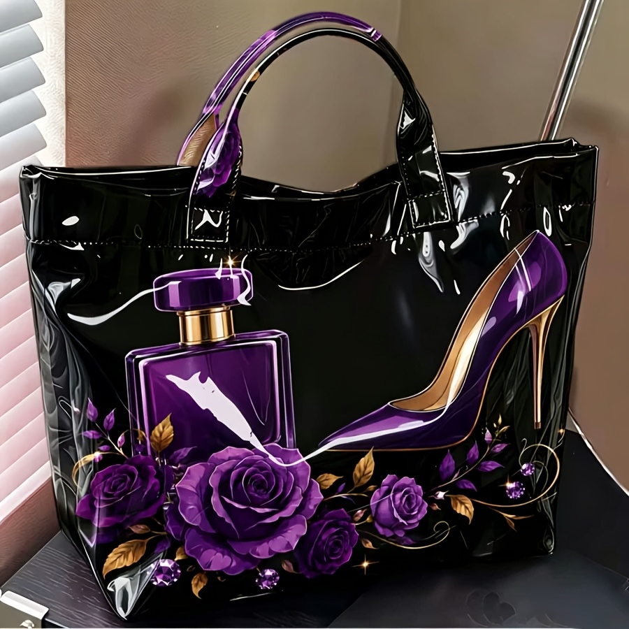TEMU Sac fourre-tout 1 pièce en PVC brillant et , léger et de grande , avec impression 2D motif parfum, talon haut et rose, noir et violet, pour