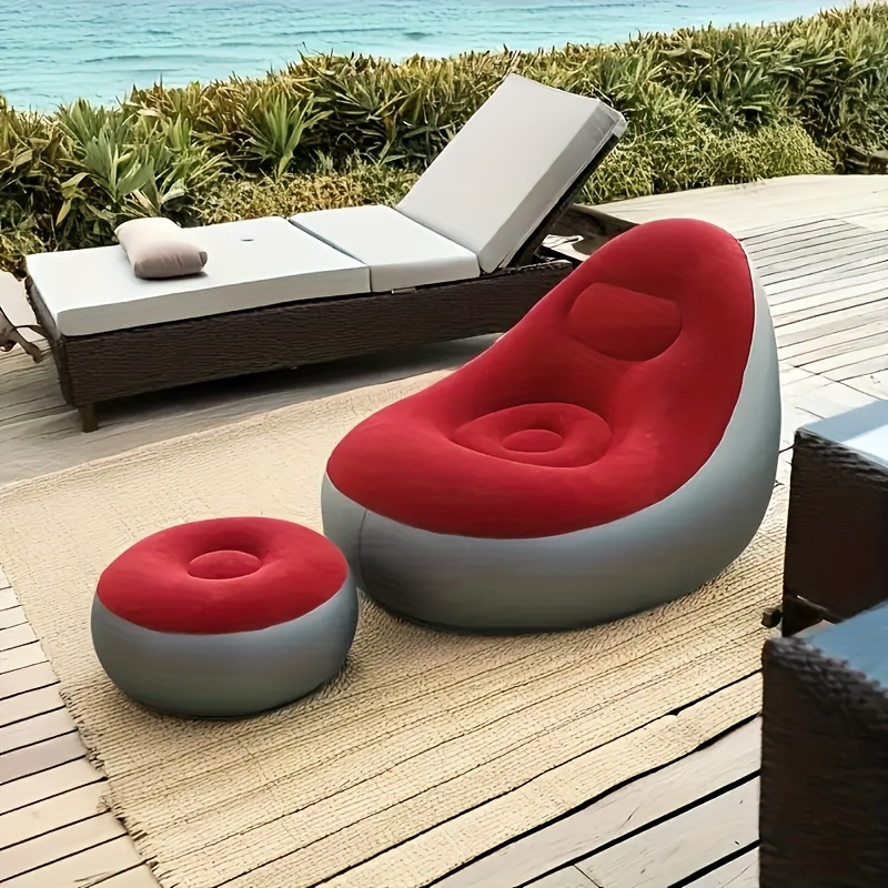 [Inflatable Sofa] 1pc Portable Inflatable Plush Sofa Lounger | Foldable with Footrest, Outdoor Recliner Chair for Camping Use