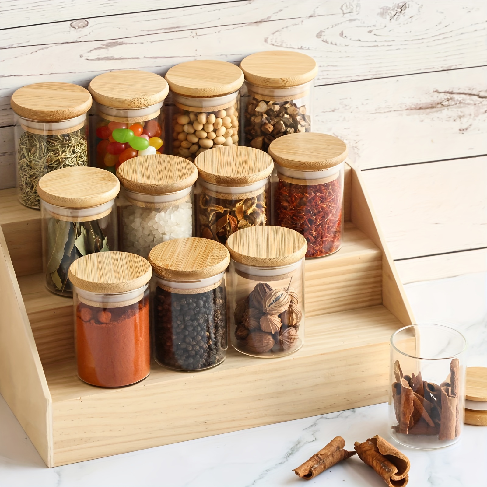 

12 Pcs 100ml Glass Storage Jar With Wooden Lid, 5 Blank Square Stickers, For Kitchen Storage, Spice Storage, About 7.8cm High
